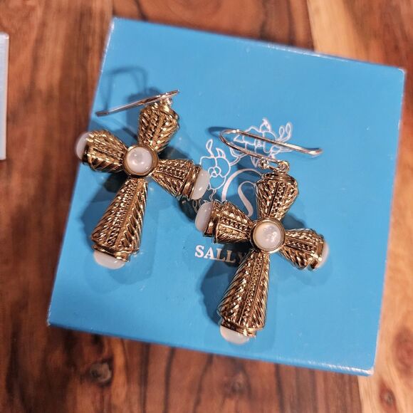 Sally C Treasures Cross Gold Tone Earrings Sterling Silver 925 - Picture 2 of 6
